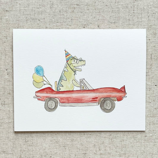 Dinosaur Race Car Birthday Greeting Card